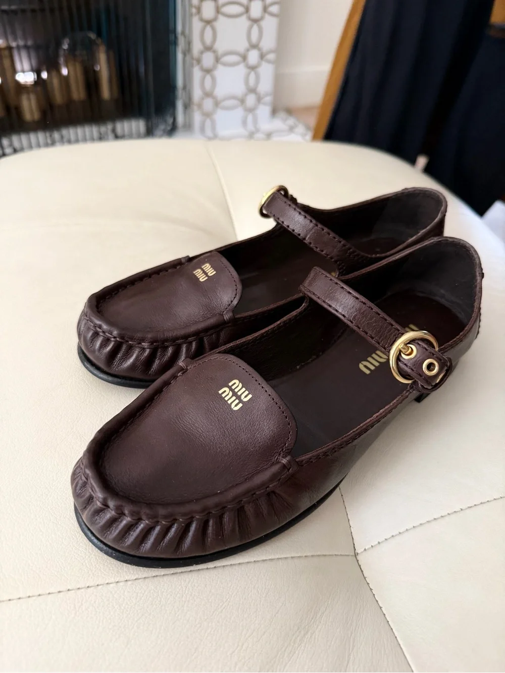 Miu Miu Dark Brown Leather Mary Jane Loafers with Gold Buckle